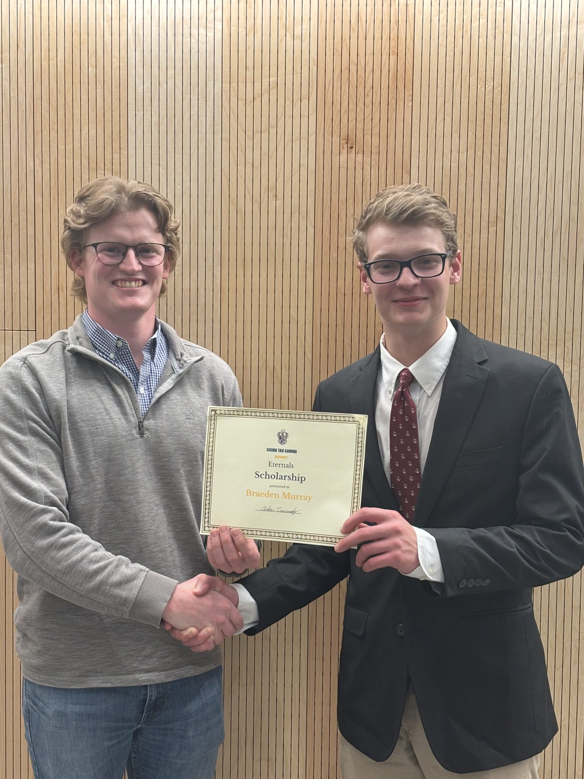 Braeden Murray accepting his Eternals Scholarship